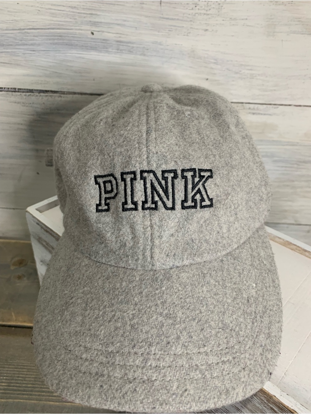 PINK Victoria's Secret Light Gray Wool-Blend Kids Baseball Hat with Black Logo